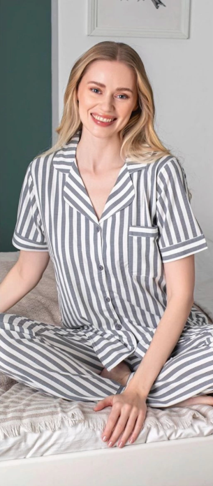 Alissa 6256 Kadın Çizgili Patlı Pijama Takımı