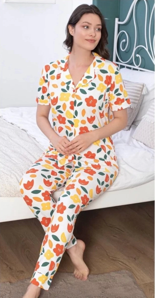 Alissa 6138 Kadın Çiçek Desenli Patlı Pijama Takımı