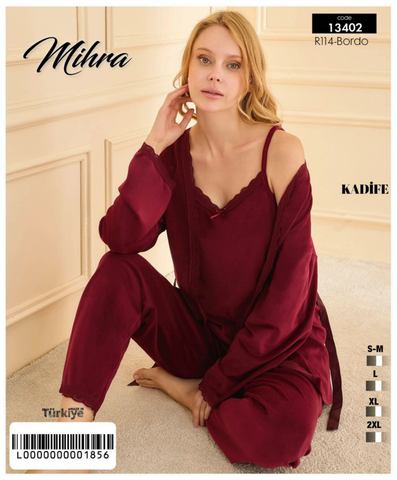 Mihra 13402 Kadın Kadife 3'Lü Pijama Takımı