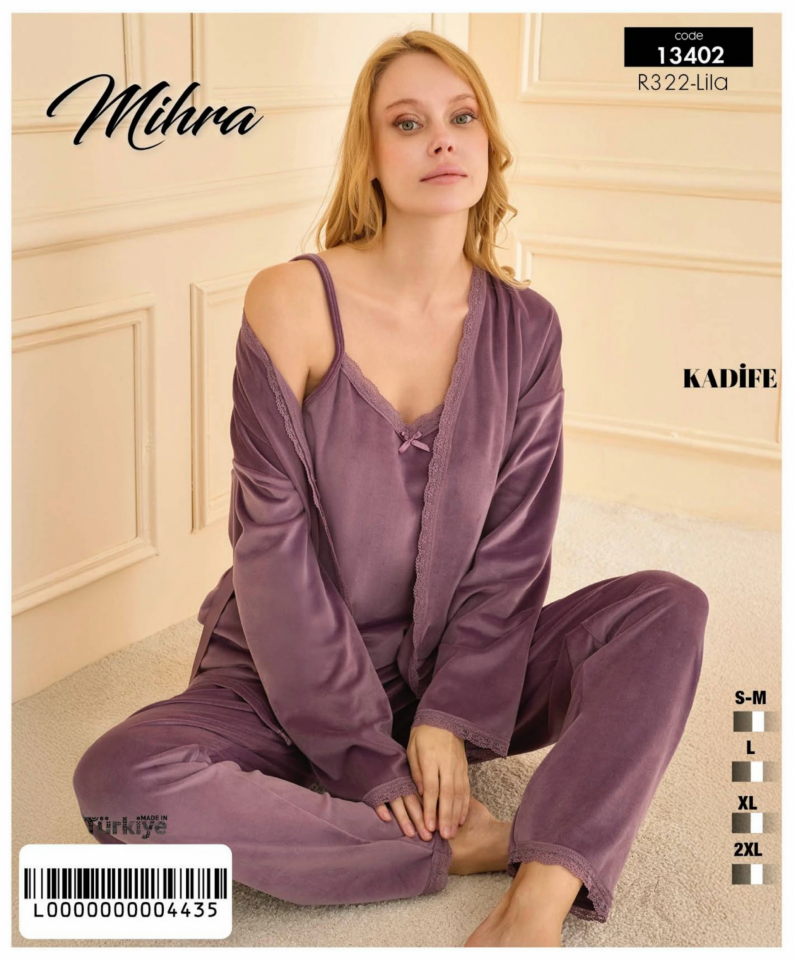 Mihra 13402 Kadın Kadife 3'Lü Pijama Takımı
