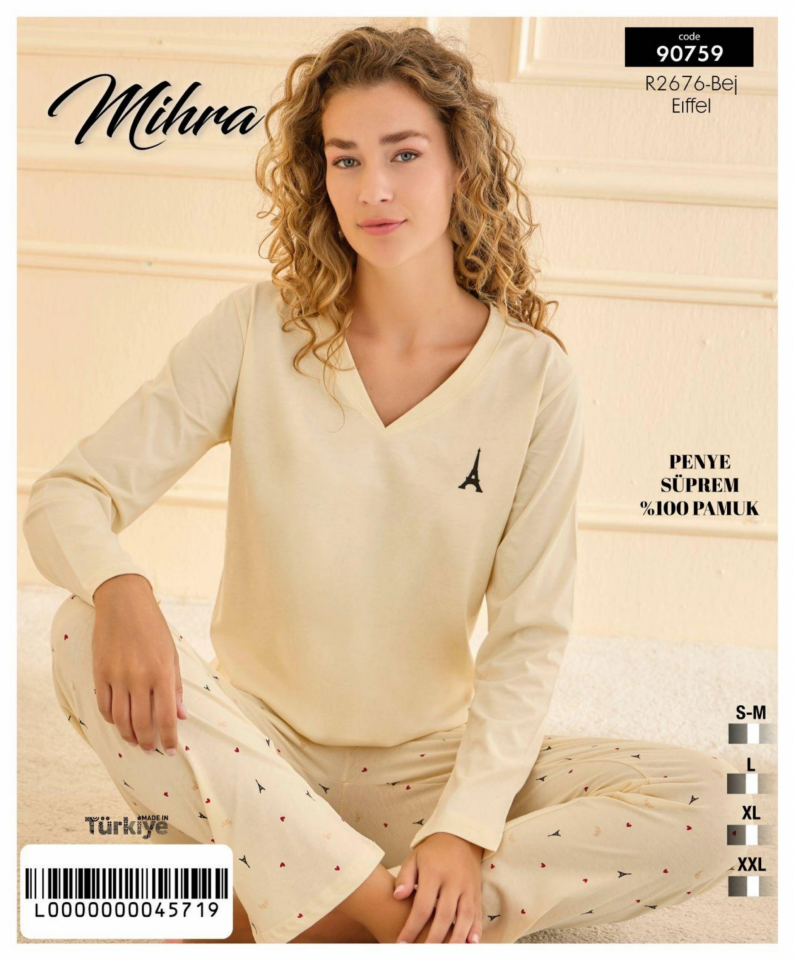 Mihra 90759 Kadın V Yaka Uzun Kol Pijama Takımı
